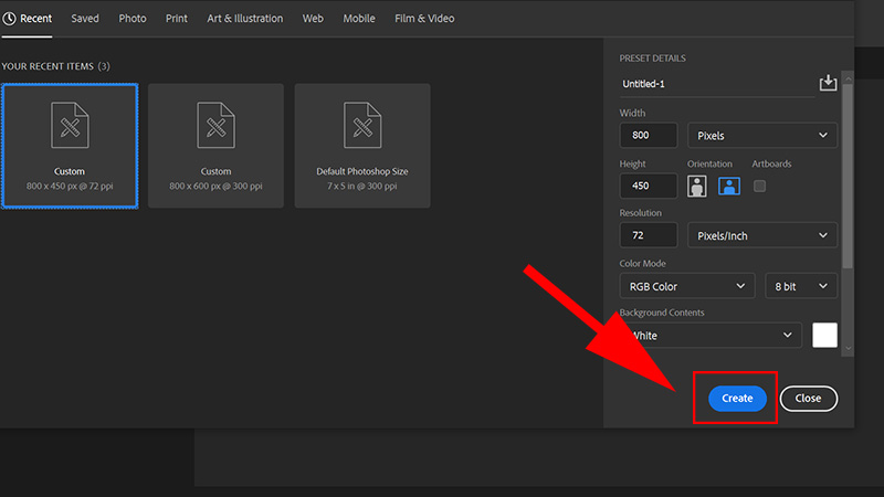 Điều chỉnh kích thước phù hợp và chọn Create